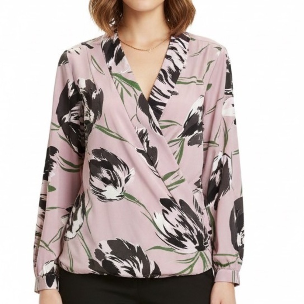 Ann Taylor Factory Pink Tulip Floral Print Faux Wrap‎ Top XL Long Sleeve